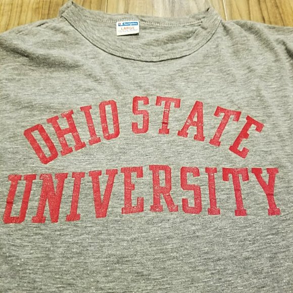 Vintage Champion Ohio State Tee Shirt L 70s Gray 65 35 Rayon Blend Blue Bar Tee - Picture 3 of 11